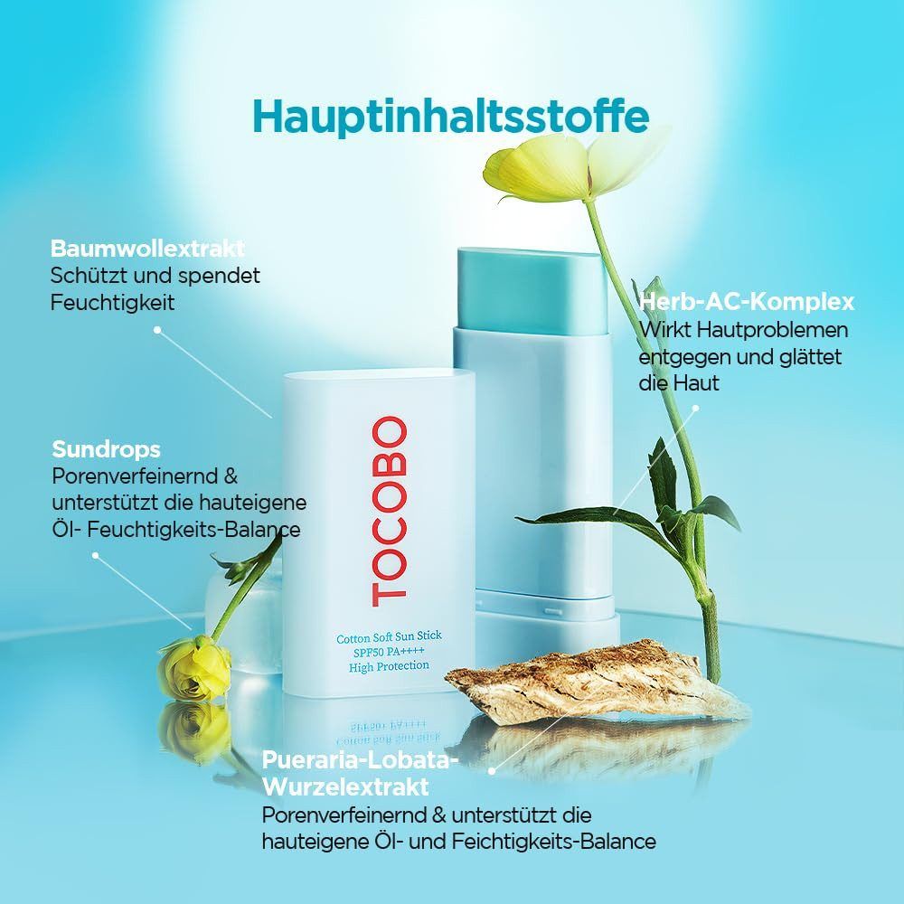 TOCOBO Sun Stick mit Baumwollextrakt, Sundrops und Pueraria Lobata-Wurzelextrakt.