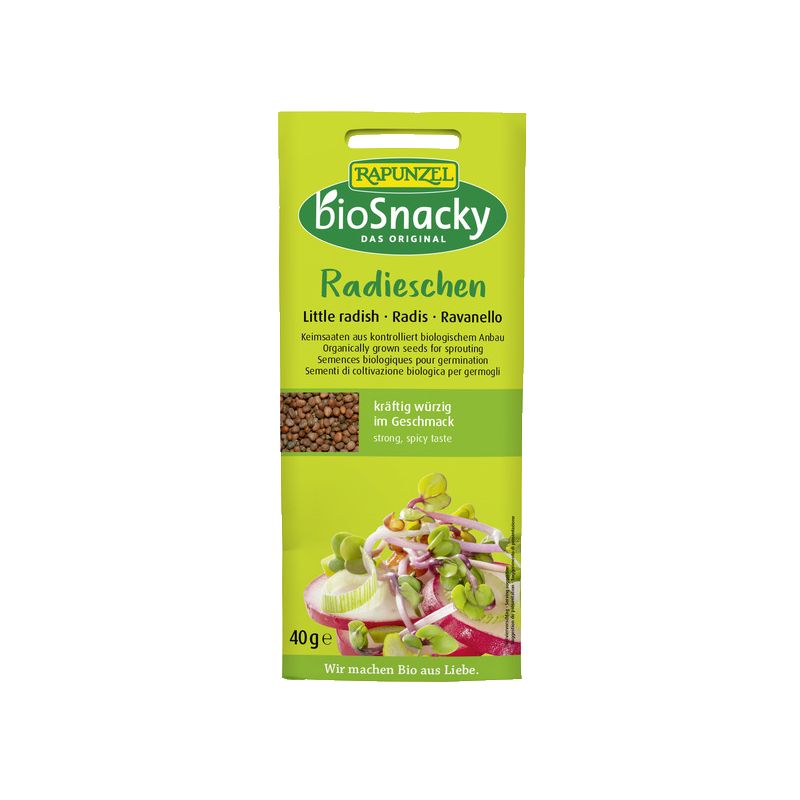 Verpackung von Rapunzel bioSnacky Keimsaat Radieschen. Grün-gelbe Verpackung mit Produktbild und Text. Enthält 40g.