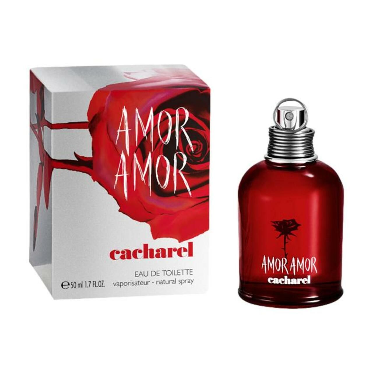 Roter Flakon und Schachtel. Aufschrift: AMOR AMOR, cacharel. Rose-Design. Eau de Toilette.