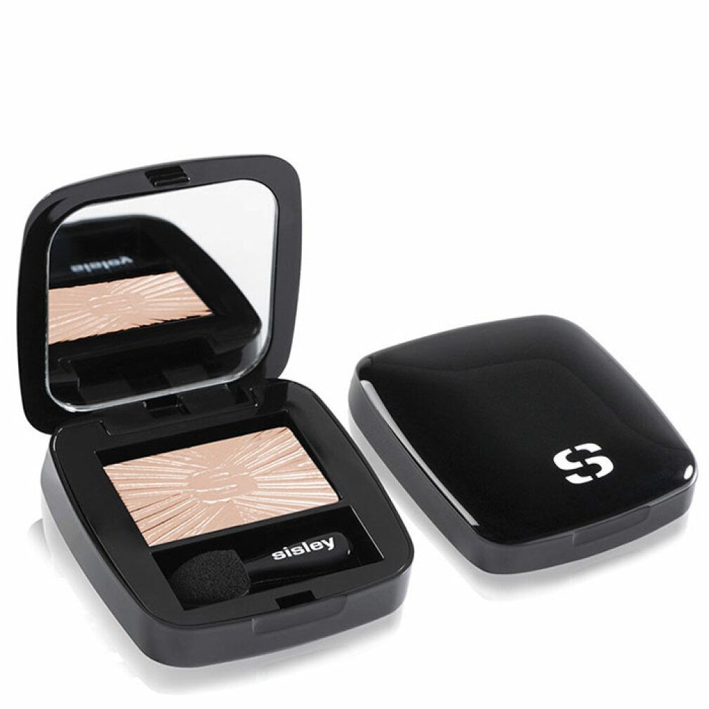 Geöffnete schwarze Sisley Lidschatten-Kompaktpuder. Spiegel, Applikator und Lidschatten. Deckel daneben.