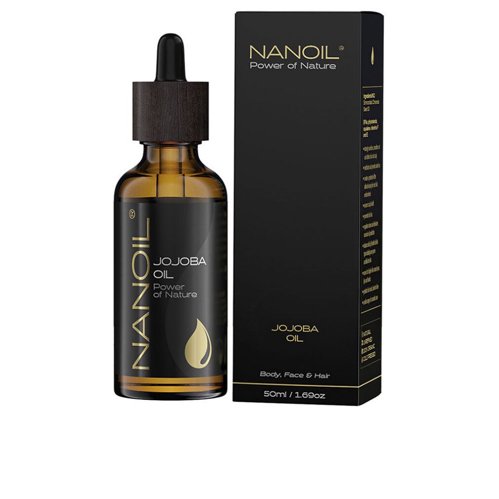 Braune Glasflasche mit Pipette und schwarzer Verpackung. Aufschrift: NANOIL Jojoba Oil.
