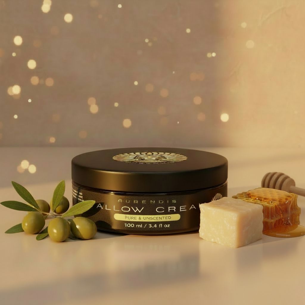 Tiegel Tallow Creme, Oliven, Honigwabe, Honig. Aufschrift: Pure & Unscented. 100 ml / 3.4 fl oz. AURENDIS Logo.