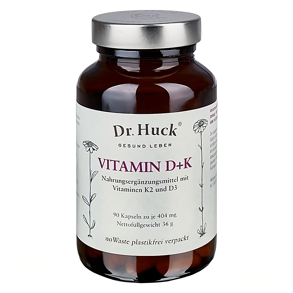 Bruine glazen fles met "Dr. Huck Vitamin D+K". Opschrift: "Voedingssupplement met vitaminen K2 en D3". 90 capsules.
