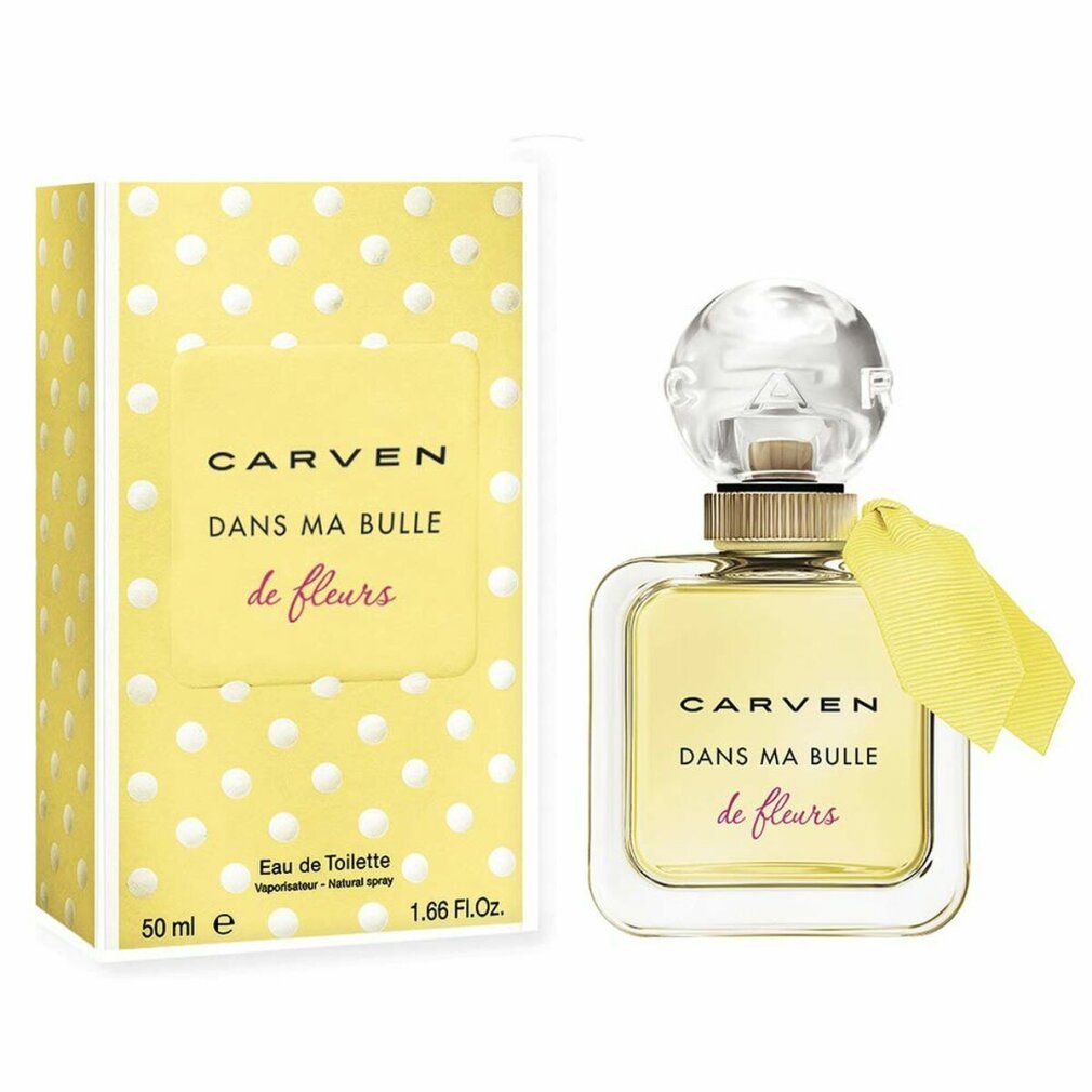 Parfümflakon und Verpackung. Flakon quadratisch, Glas, gelbe Flüssigkeit. Verpackung gelb mit weißen Punkten. Schriftzug: Carven Dans Ma Bulle.