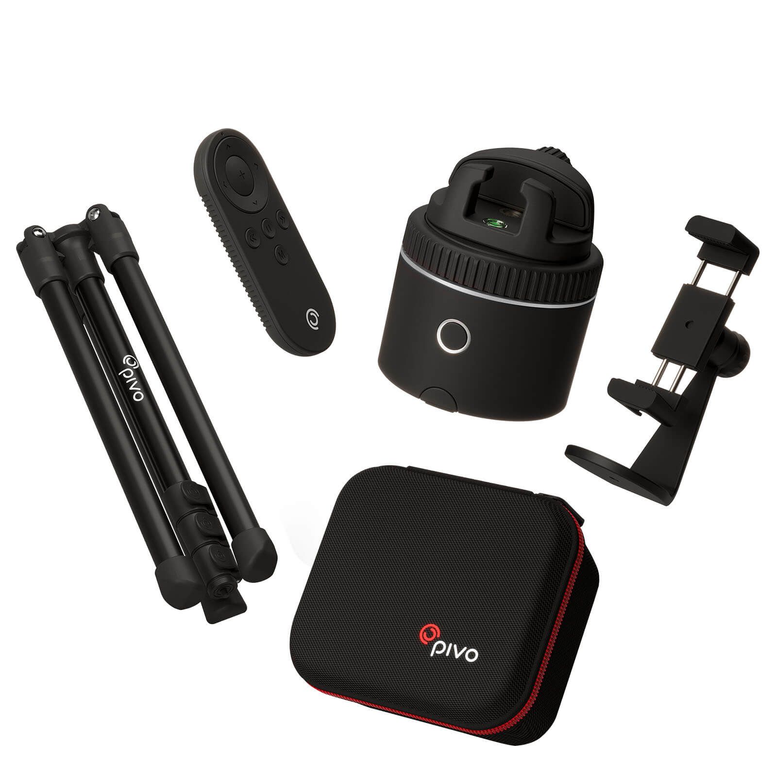 Schwarzes Pivo Standard Pack mit Stativ, Fernbedienung, Smartphone-Halterung und Tragetasche. Rotes Logo auf der Tasche.
