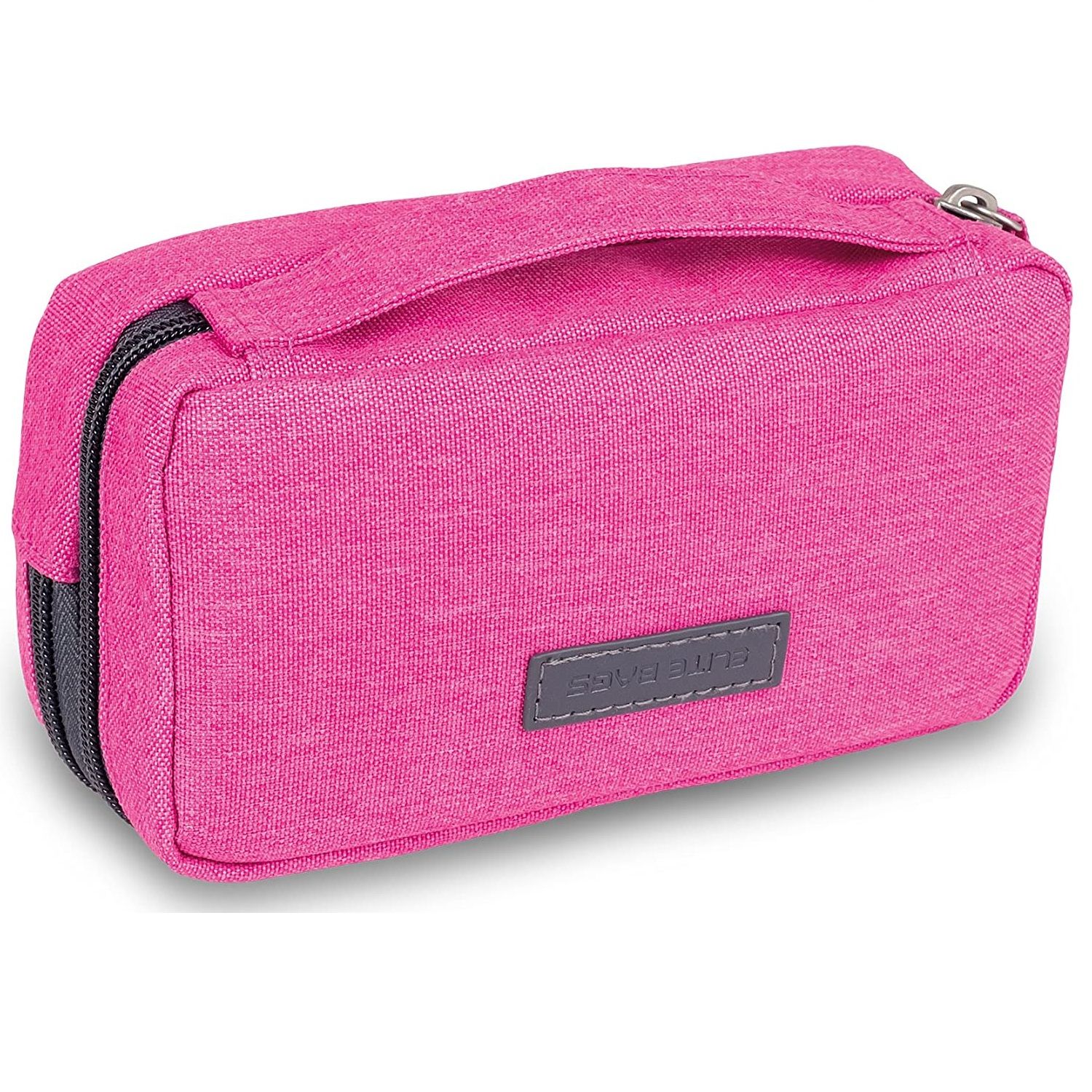 Pinke Tasche mit grauem Reißverschluss und Griff. Rechteckige Form, Logo: Elite Bags.
