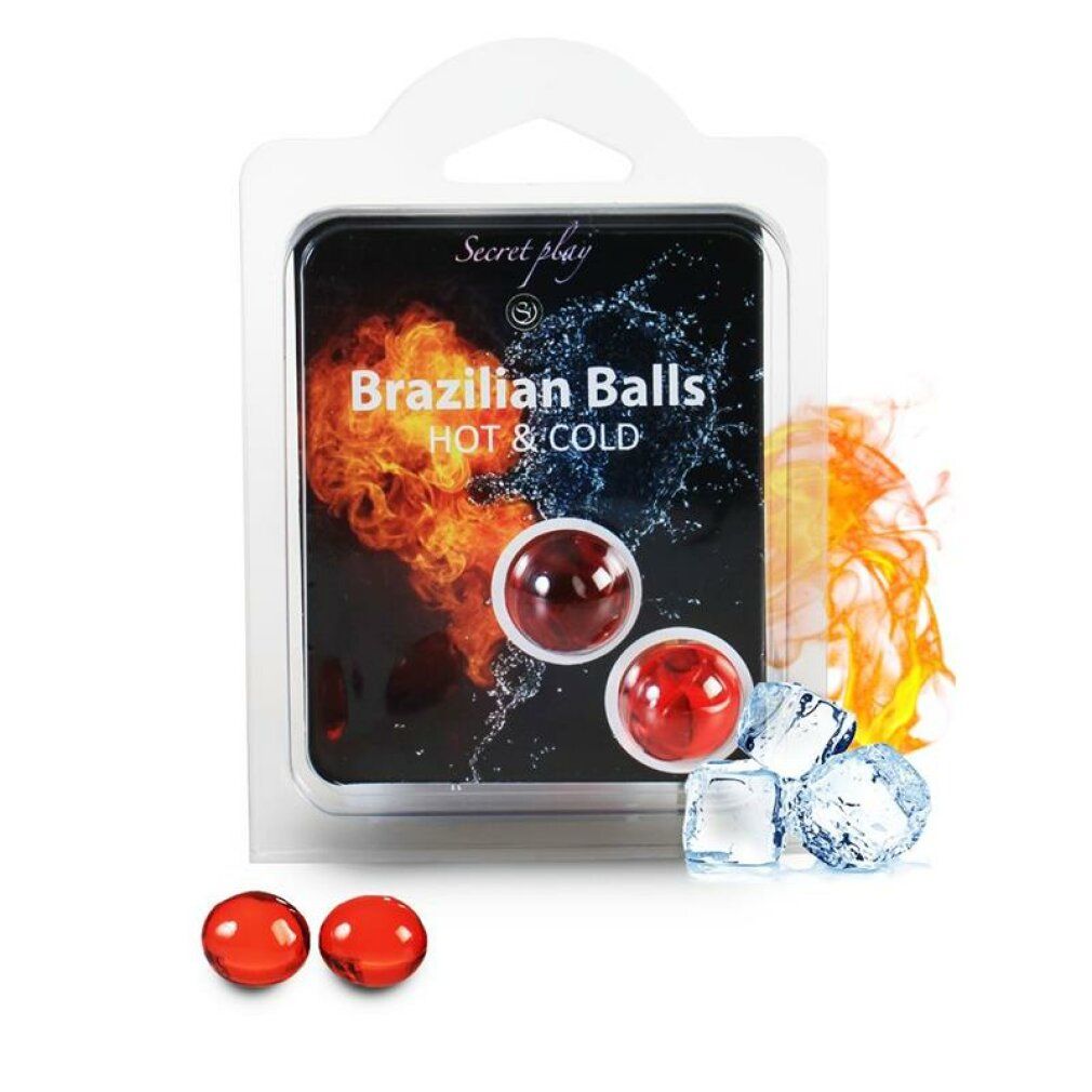 Zwei rote Kugeln neben der Blisterverpackung mit 'Brazilian Balls HOT & COLD'. Eiswürfel und Flammen-Grafik.