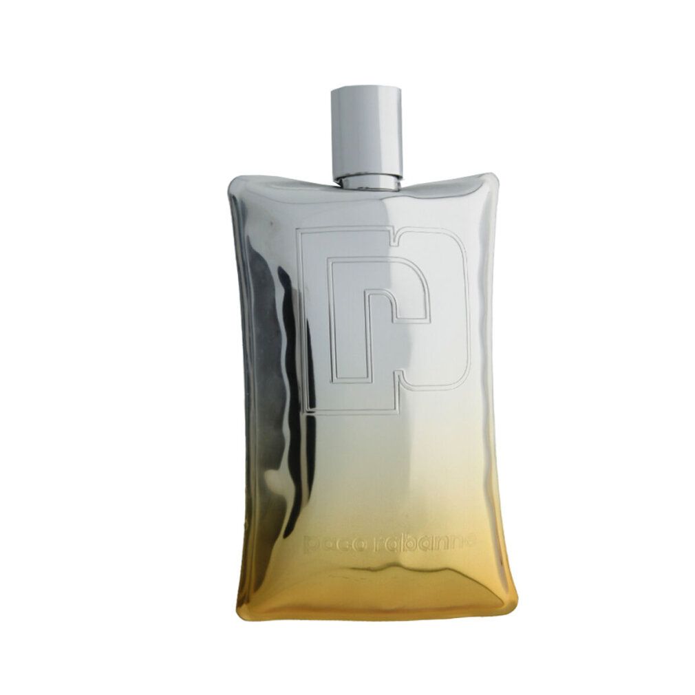 Silber-goldfarbener Parfümflakon. "P"-Logo auf dem Flakon. Gold-Silber-Farbverlauf. "Paco Rabanne" Schriftzug am Boden des Flakons.