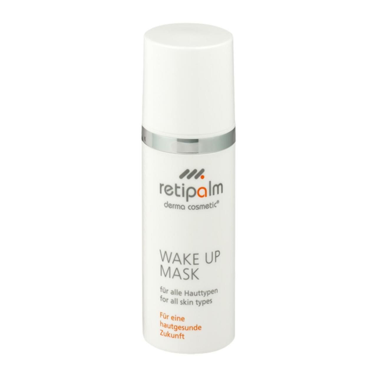 Weiße Flasche mit silbernem Ring und Aufschrift Retipalm Wake Up Mask. Für alle Hauttypen. Dermo cosmetic.