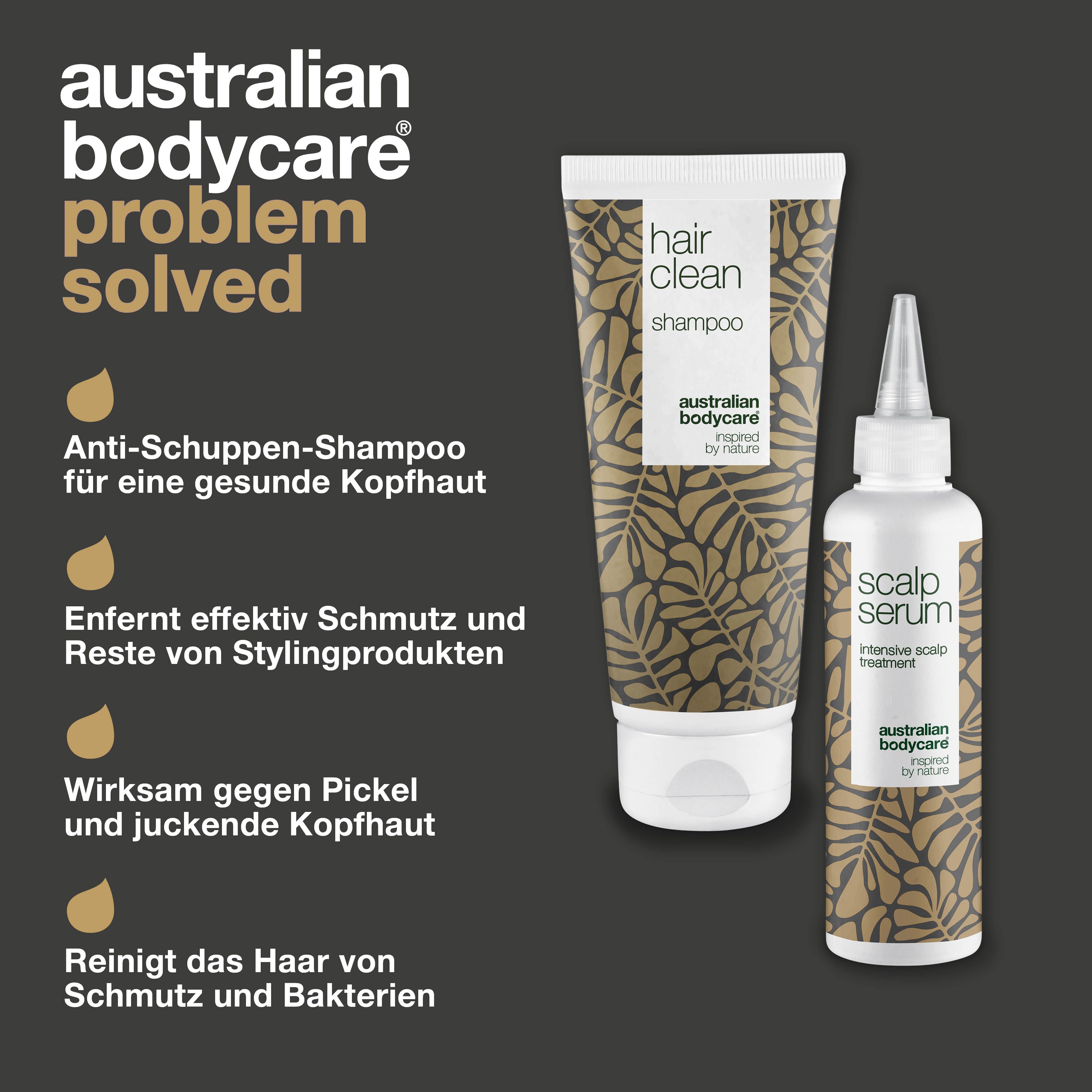 Produktabbildung: Shampoo und Kopfhautserum. Text: Anti-Schuppen-Shampoo, entfernt Schmutz, wirkt gegen Pickel.