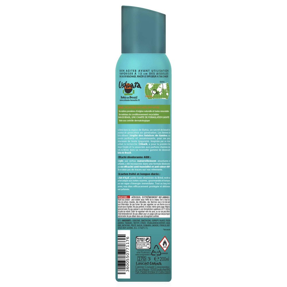Türkisfarbene Deodorant-Spraydose. Rückseite mit Text und Logo. Enthält Tonerde und Acai-Beere. Mit grünen und weißen Elementen.