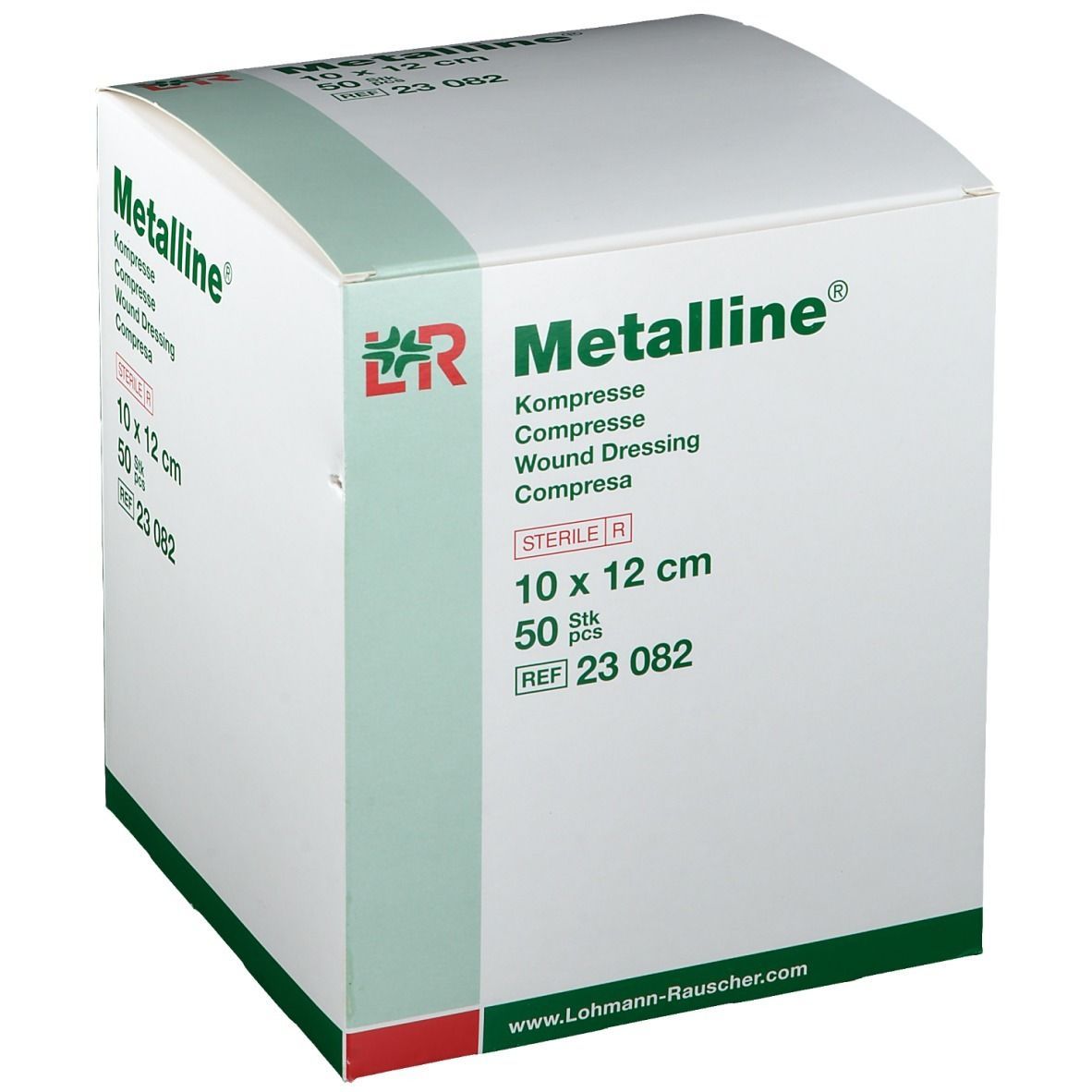 Verpackung von Metalline® Kompresse. 10 x 12 cm, steril. 50 Stück. Marke und Produktinformationen deutlich sichtbar.