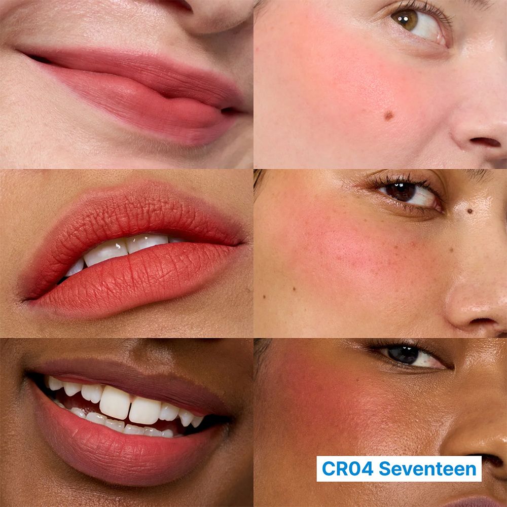 Collage: Lippen und Wangen verschiedener Hauttöne mit Korallentönen.