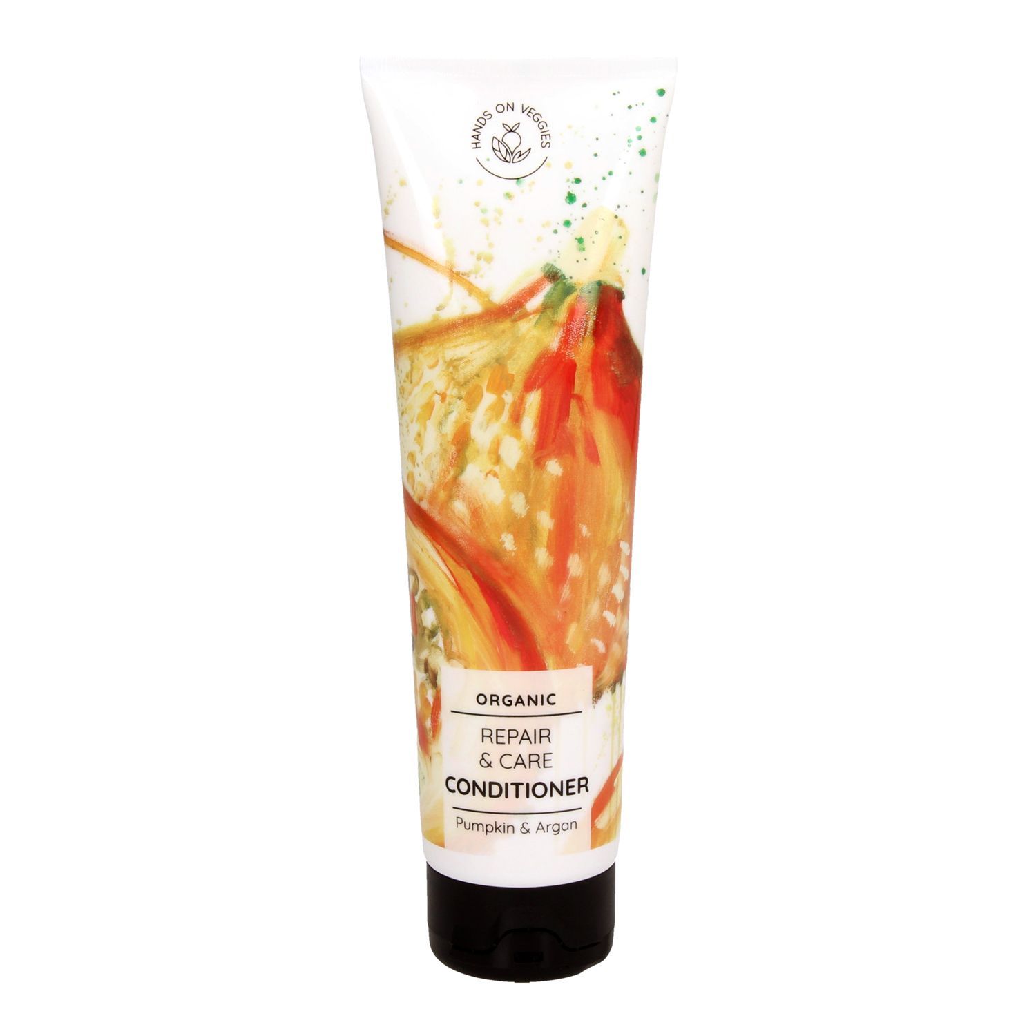 Tube mit Conditioner. Text: Repair & Care Conditioner Kürbis & Argan. Hands on Veggies Logo.
