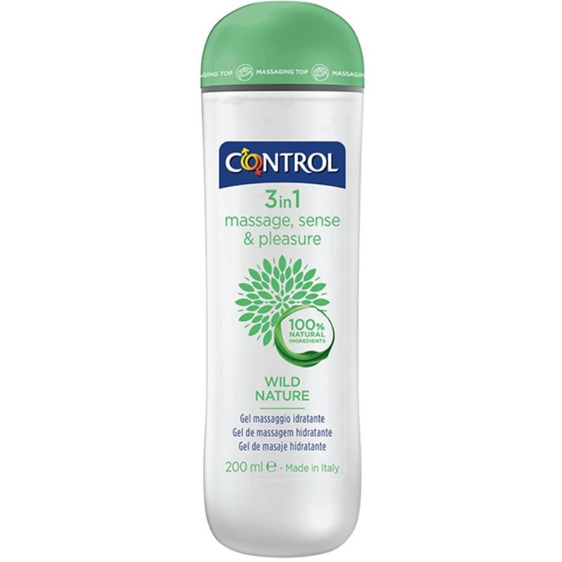 Weiß-grüne Flasche. Aufschrift CONTROL, 3in1 massage, sense & pleasure, WILD NATURE. 200 ml. Grüner Deckel.