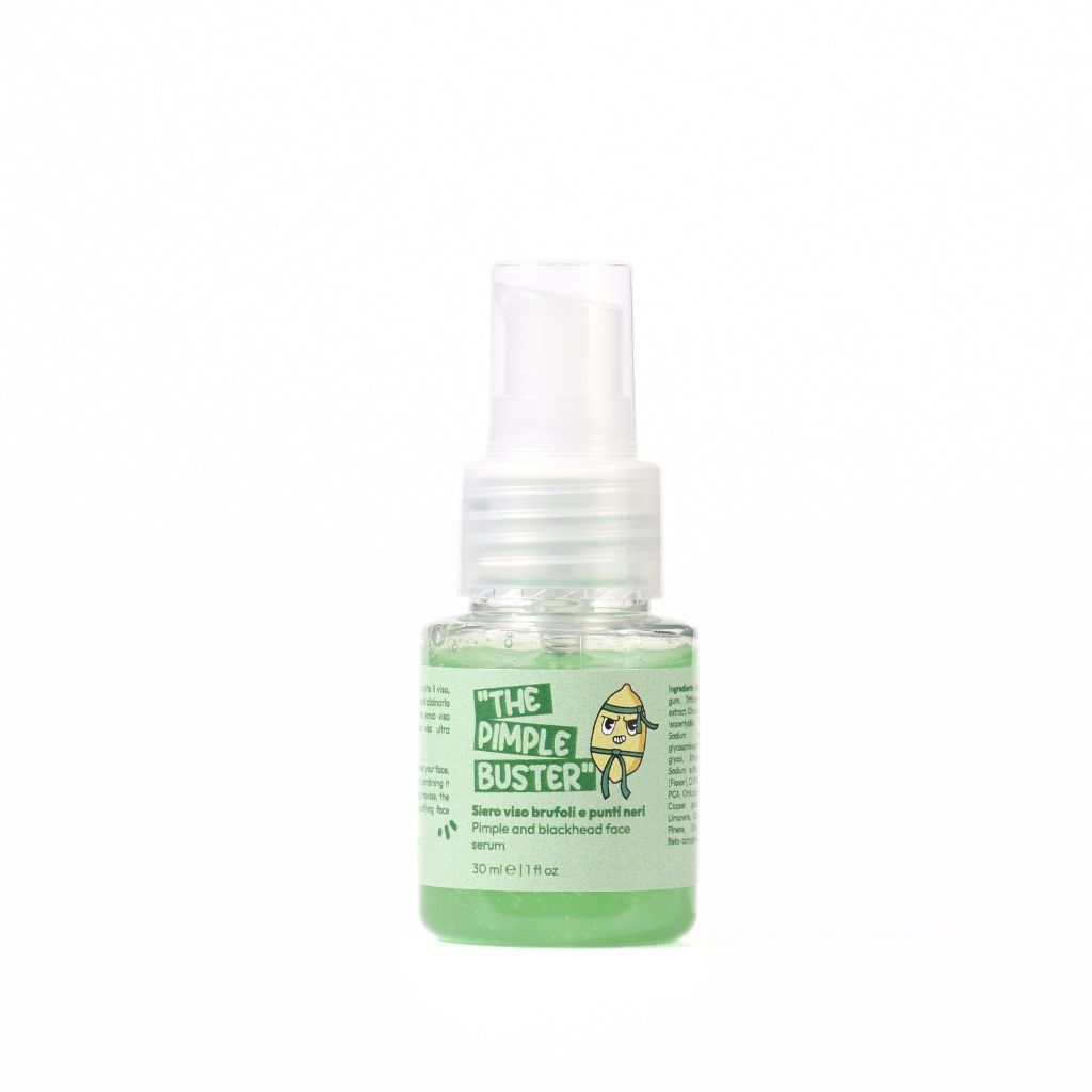 Siero viso verde in una piccola bottiglia trasparente con erogatore a spruzzo. L'etichetta recita "The Pimple Buster" e "Siero viso brufoli e punti neri". Contiene 30 ml di siero.