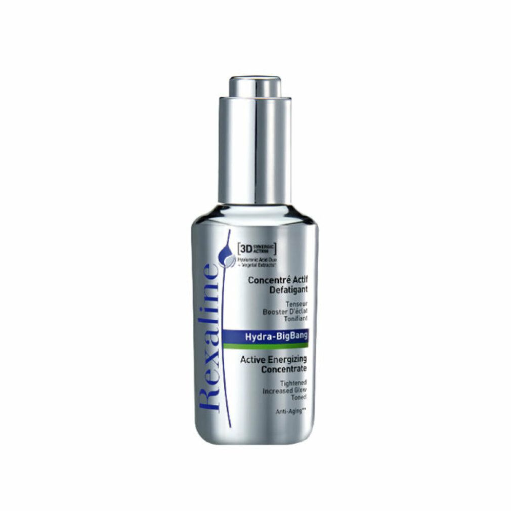 Silberne Flasche mit Pipettenaufsatz. Aufschrift: Rexaline, Hydra-BigBang, Active Energizing Concentrate.