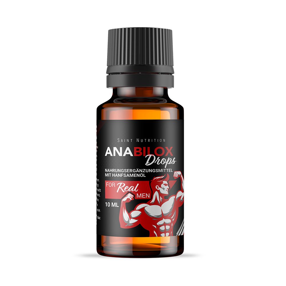 Braune Glasflasche mit schwarzem Deckel. Aufschrift: Anabilox Drops, 10 ml. Etikett mit muskulösem Mann.