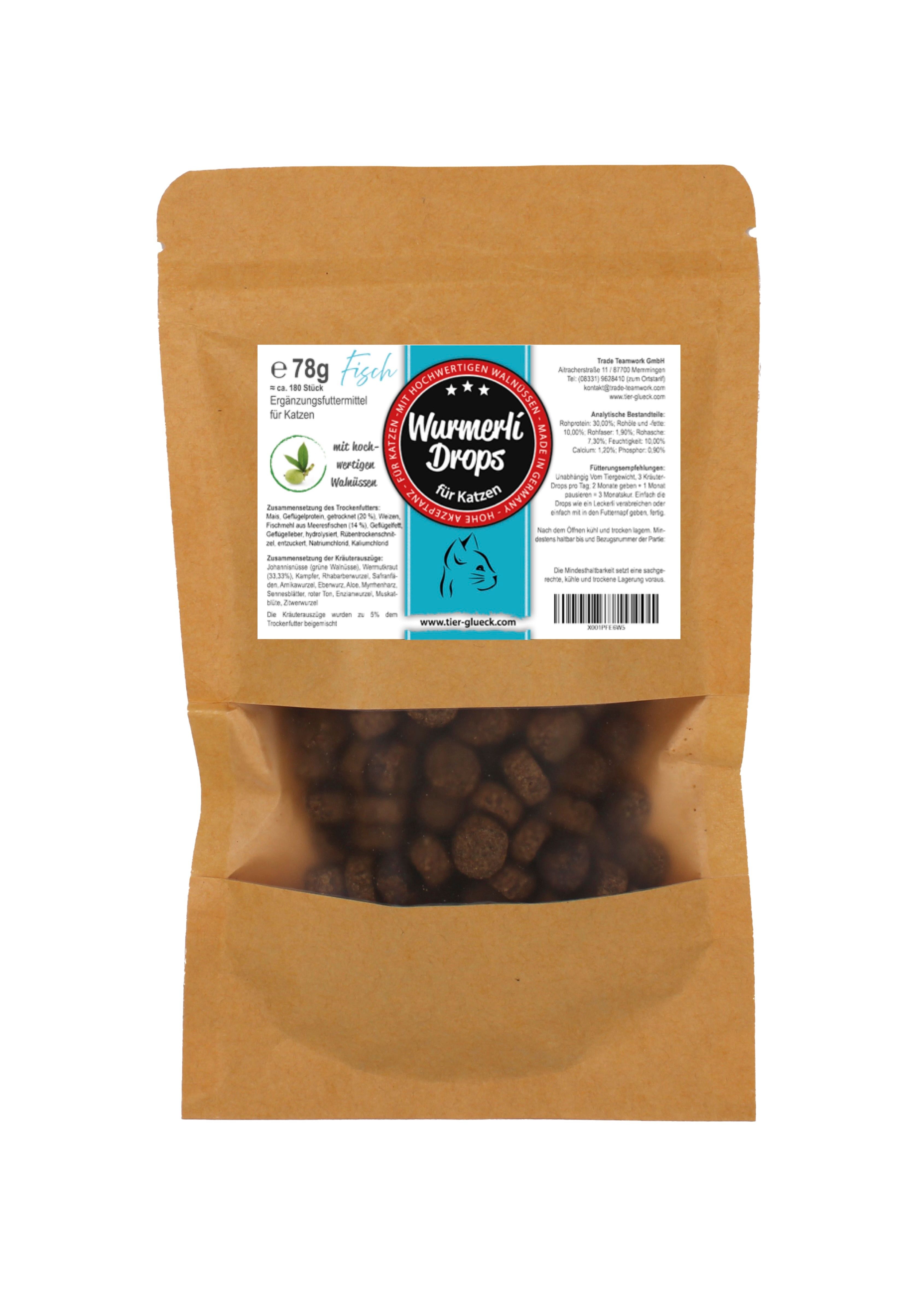TierGlück Wurmerli Drops Katze Fisch – Katzen-Leckerlis mit Walnuss & Wermut 78 g Dragees