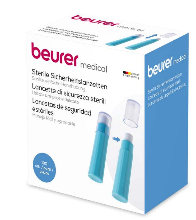 Beurer medizinische sterile Sicherheitslanzetten in Hellblau, 100 Stück.