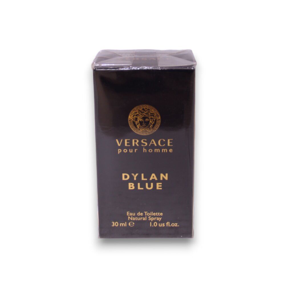 Schwarze Verpackung mit goldenem Logo und Schriftzug. Produktname: Dylan Blue. 30 ml. Eckige Form.
