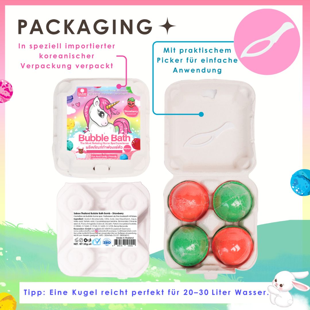 Verpackung mit Badbomben. Einhorn-Motiv. Enthält 4 Kugeln. Mit praktischem Picker. Text: Eine Kugel reicht für 20-30 Liter.