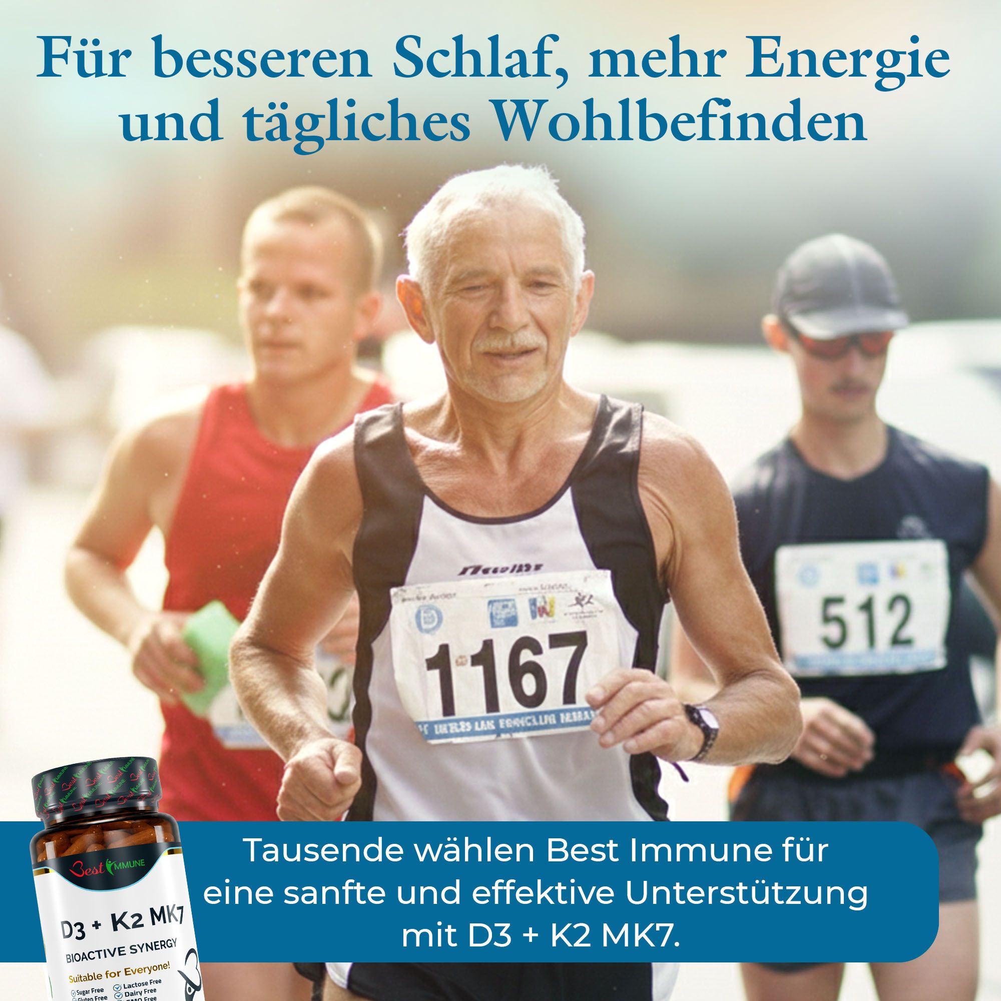 Läufer im Wettkampf, Flasche Best Immune D3 + K2 MK7 im Vordergrund.