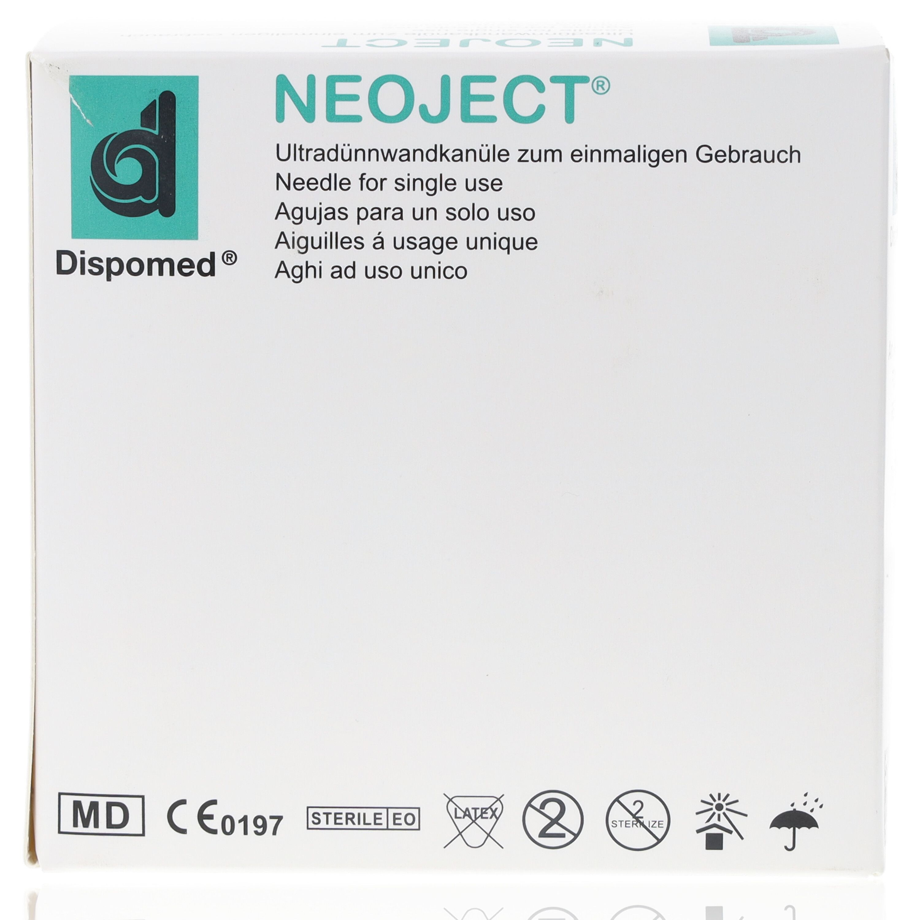 Verpackung von NEOJECT® Ultradünnwandkanülen. Aufdrucke: NEOJECT®, Dispomed, CE-Kennzeichnung, Steril-Hinweis, Latex-frei.