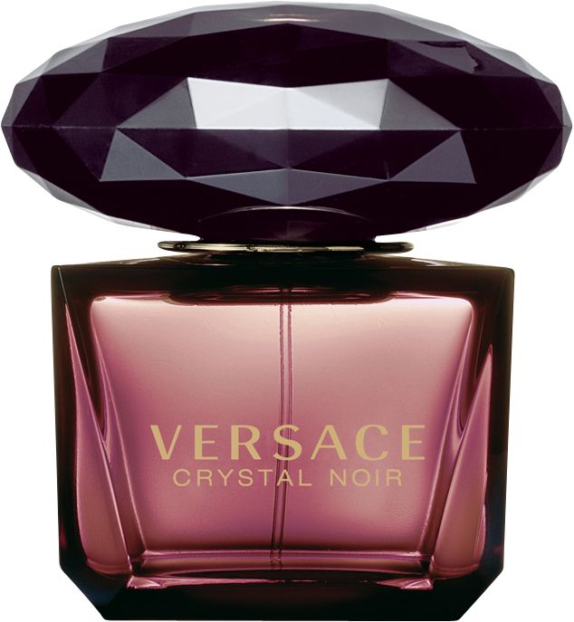 Versace Crystal Noir Eau de Toilette. Flakon mit schwarzem Deckel. Rechteckiger Flakon mit Schriftzug.