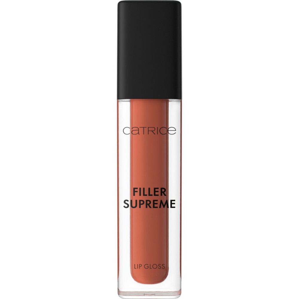 Catrice Supreme Lippenfiller Gloss. Geschlossene Glasflasche mit schwarzem Deckel. Text: Catrice, Filler Supreme, Lip Gloss. Farbton: Orange-braun.