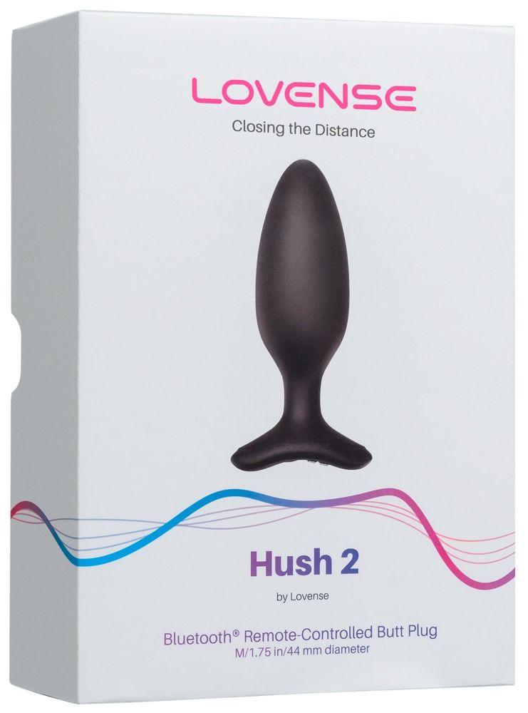 Verpackung. Text: Lovense Hush 2. Bluetooth Remote-Controlled Butt Plug. M 45 mm Durchmesser.