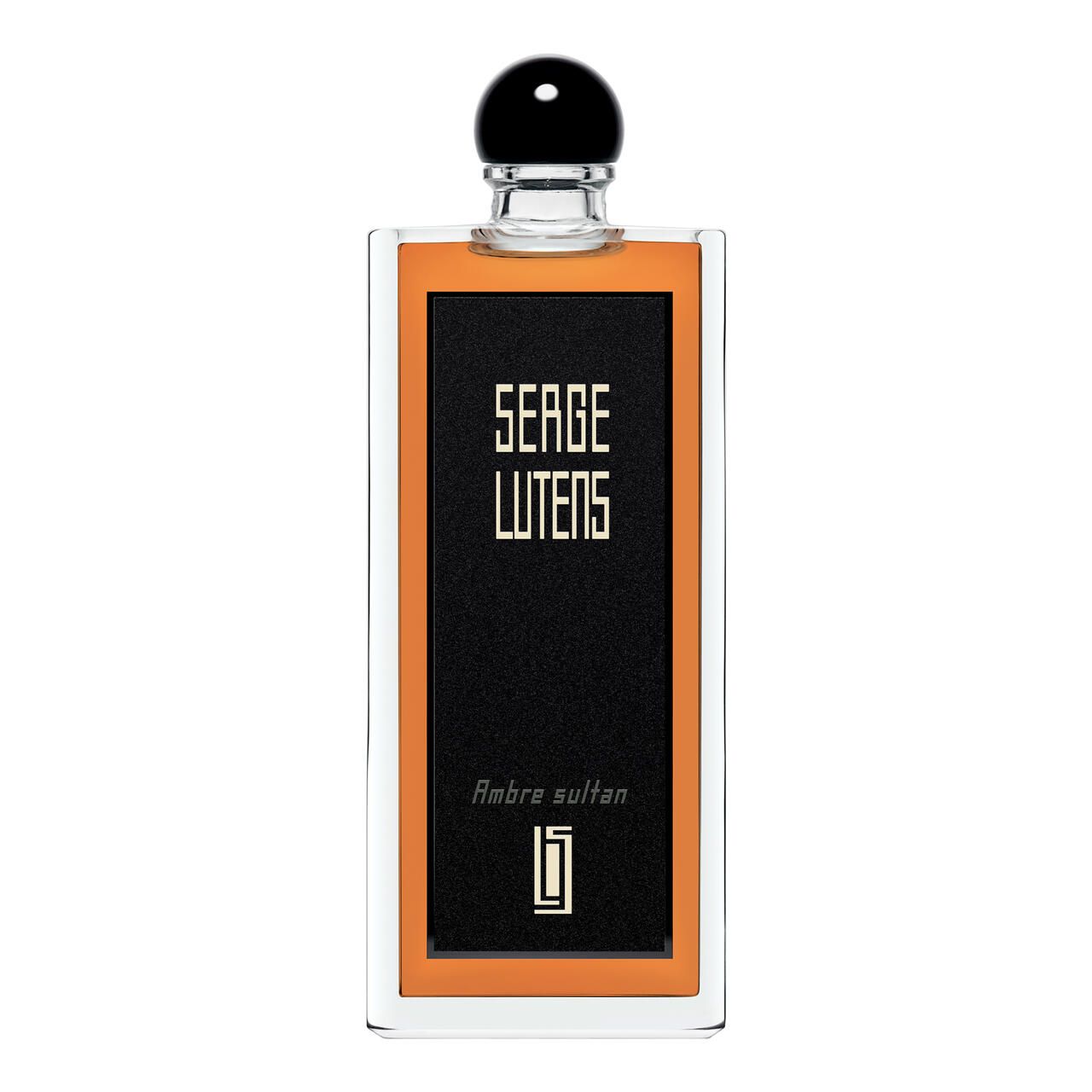 Rechteckiger Flakon mit schwarzem Etikett. Auf dem Etikett steht "SERGE LUTENS Ambre sultan". Der Flakon hat einen schwarzen Deckel.