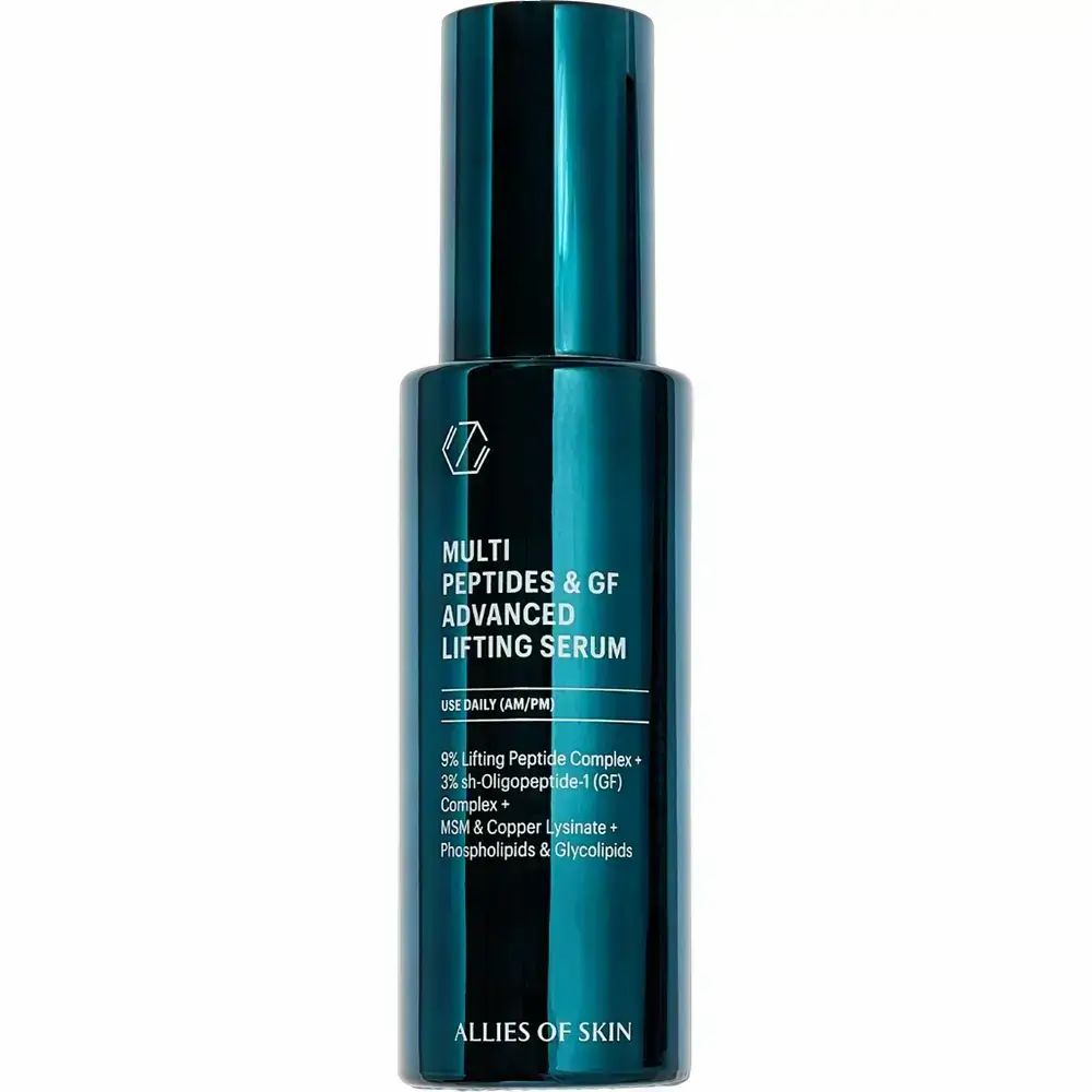 Dunkelgrüne Flasche mit Text: Multi Peptides & GF Advanced Lifting Serum. Marke: ALLIES OF SKIN. Mit Inhaltsstoffangaben.