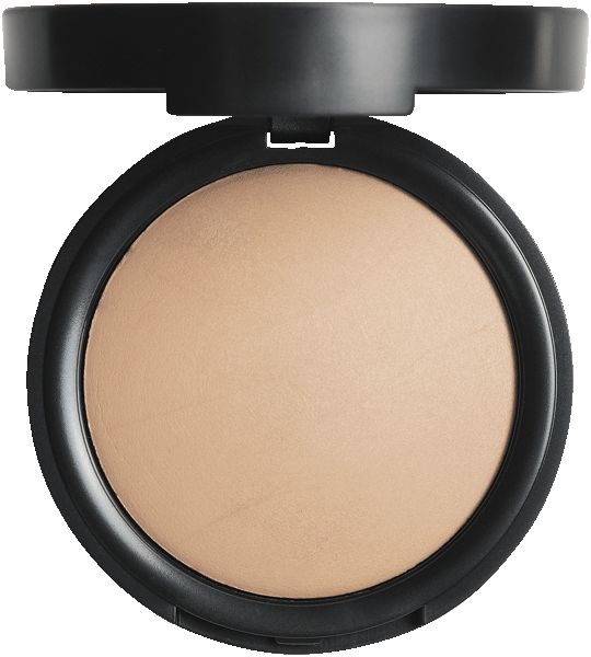Runder, beigefarbener Puder in schwarzer Kompaktverpackung mit hochgeklapptem Deckel. Der Deckel ist ebenfalls schwarz.