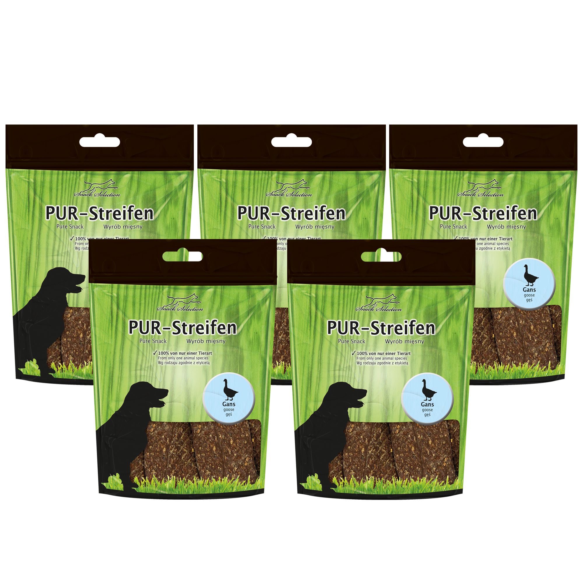 Fünf Packungen Hundesnacks. Jede Packung zeigt "PUR-Streifen" und eine Gänse-Illustration. Die Snacks sind in Streifenform sichtbar.