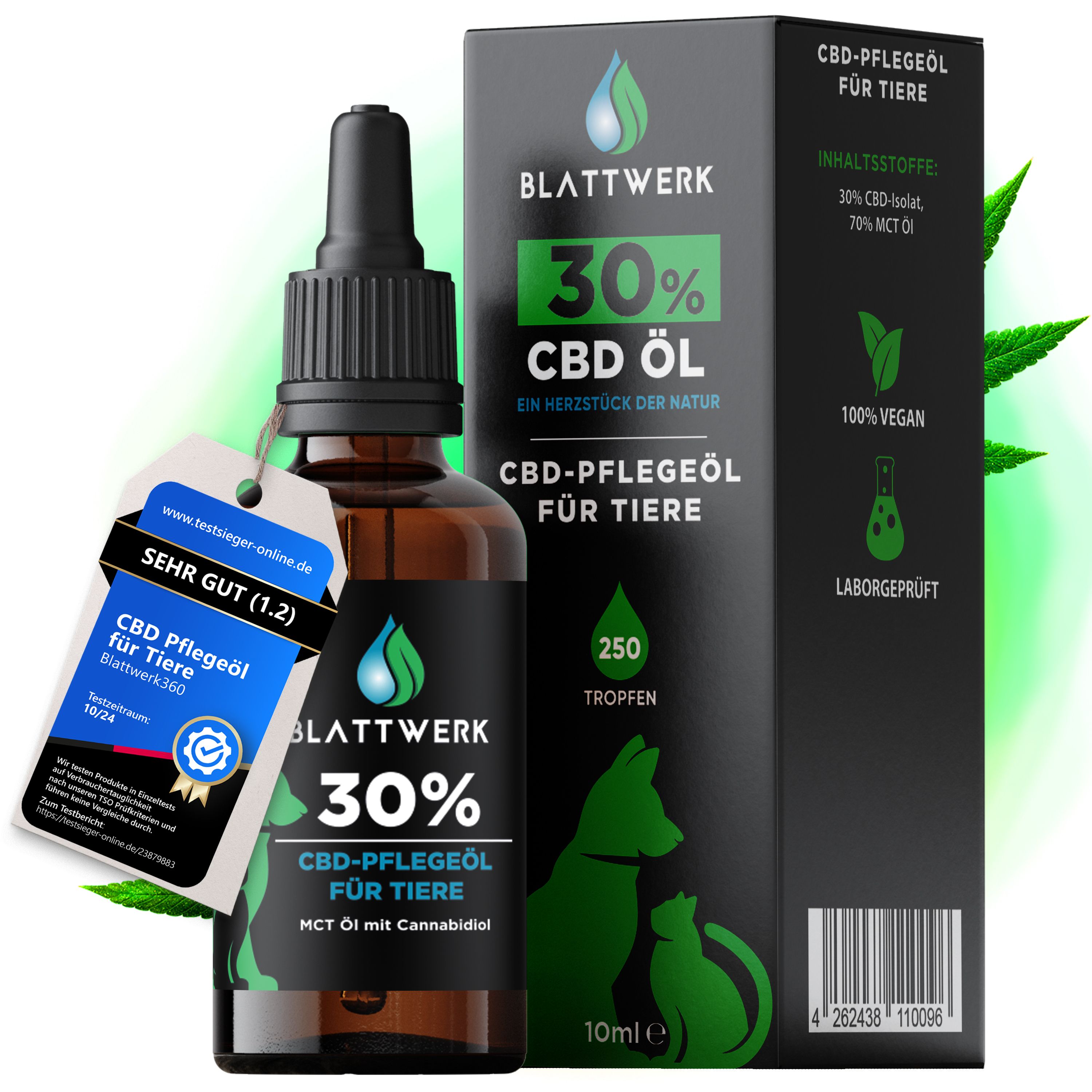 30% CBD Öl für Hunde & Katzen - Deutsche Qualität - CBD Öl Hund - 10ml - 250 CBD Tropfen - BLATTWERK