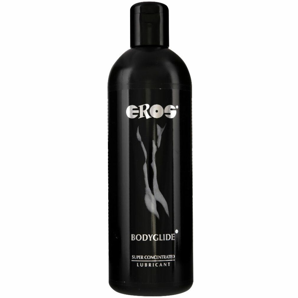 Schwarze Flasche mit weißem Logo und Schriftzug. Aufschrift: EROS, BODYGLIDE, SUPER CONCENTRATE LUBRICANT. Abgebildet ist eine weibliche Silhouette.