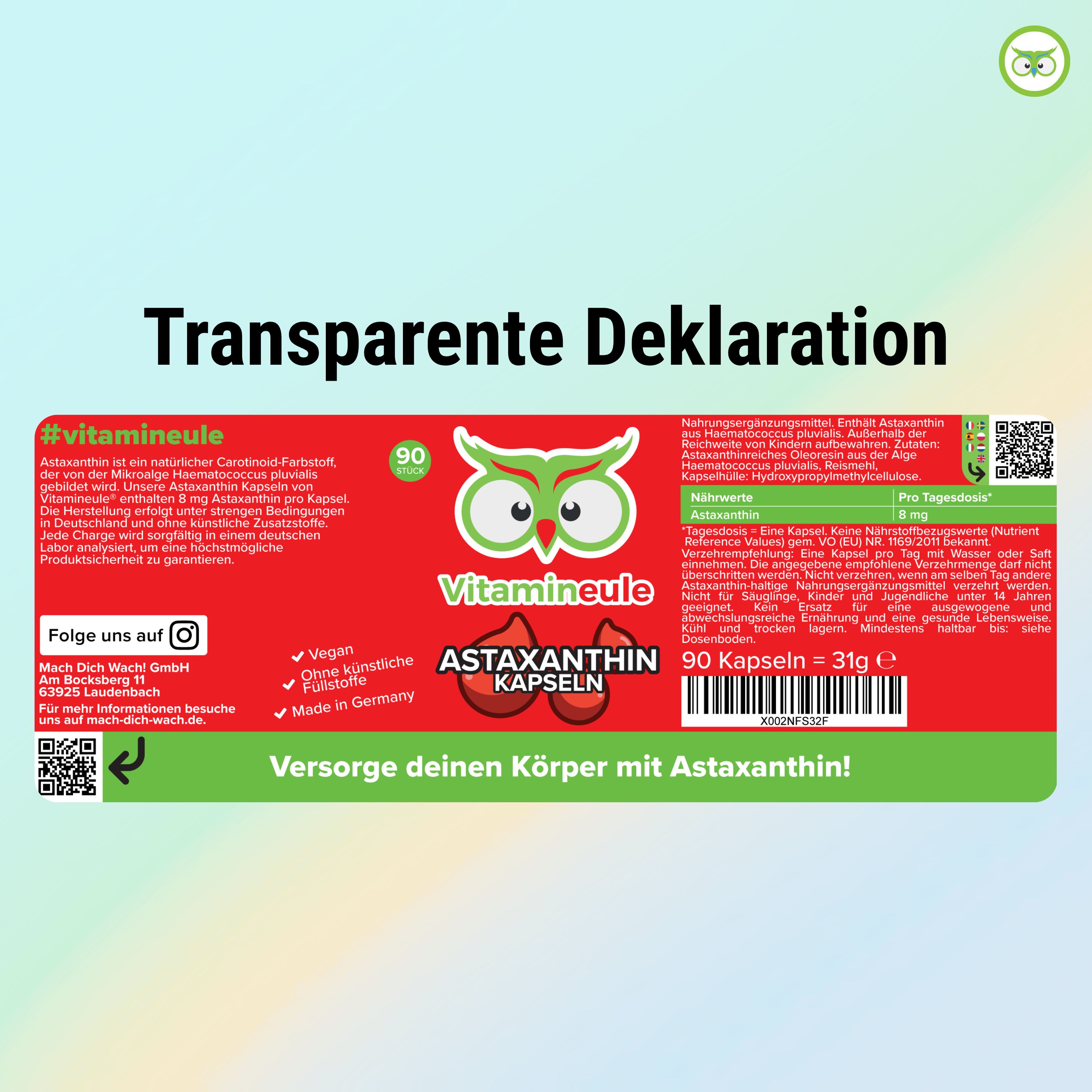 Etikett einer Astaxanthin-Kapsel-Flasche mit Informationen zu Inhaltsstoffen und Herkunft.