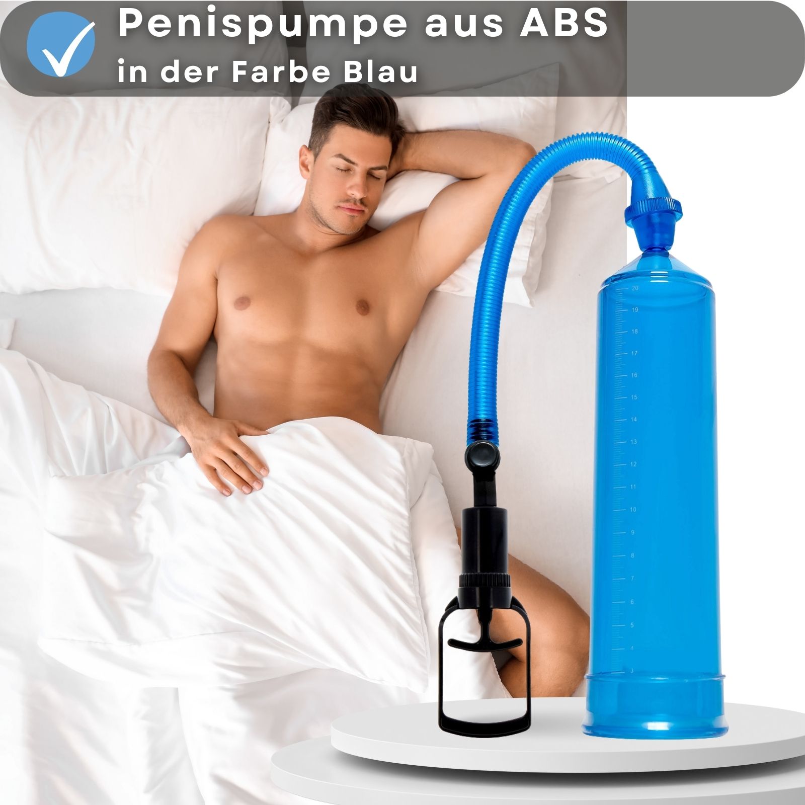 Penis-Pumpe, blau, mit Pumpgriff. Bis 20 cm Länge. Erektionshilfe für Männer.