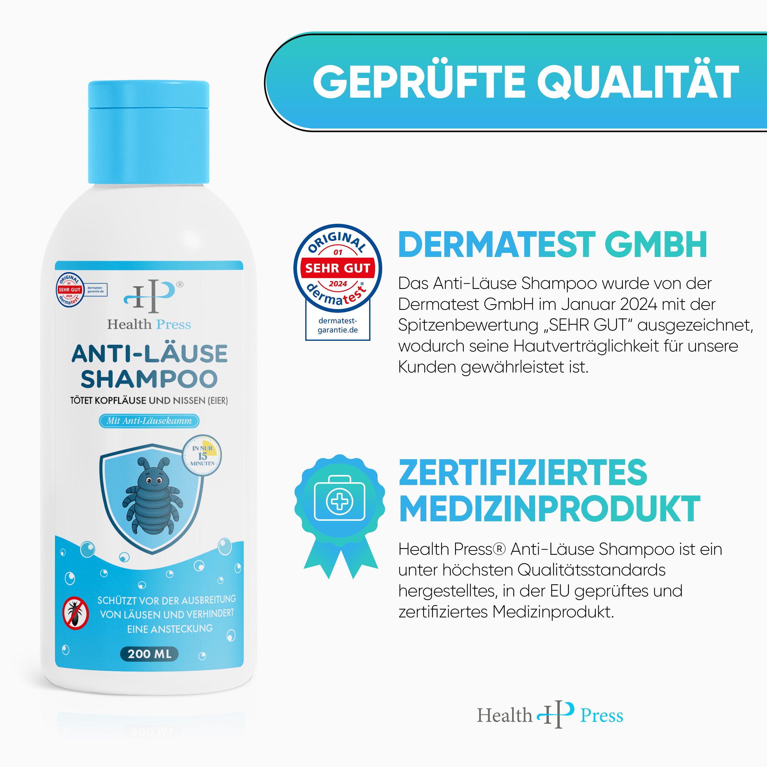 Health Press Anti-Läuse-Shampoo-Flasche. Aufschrift: Anti-Läuse-Shampoo. 200ml. Zertifiziertes Medizinprodukt. Dermatest-Siegel.