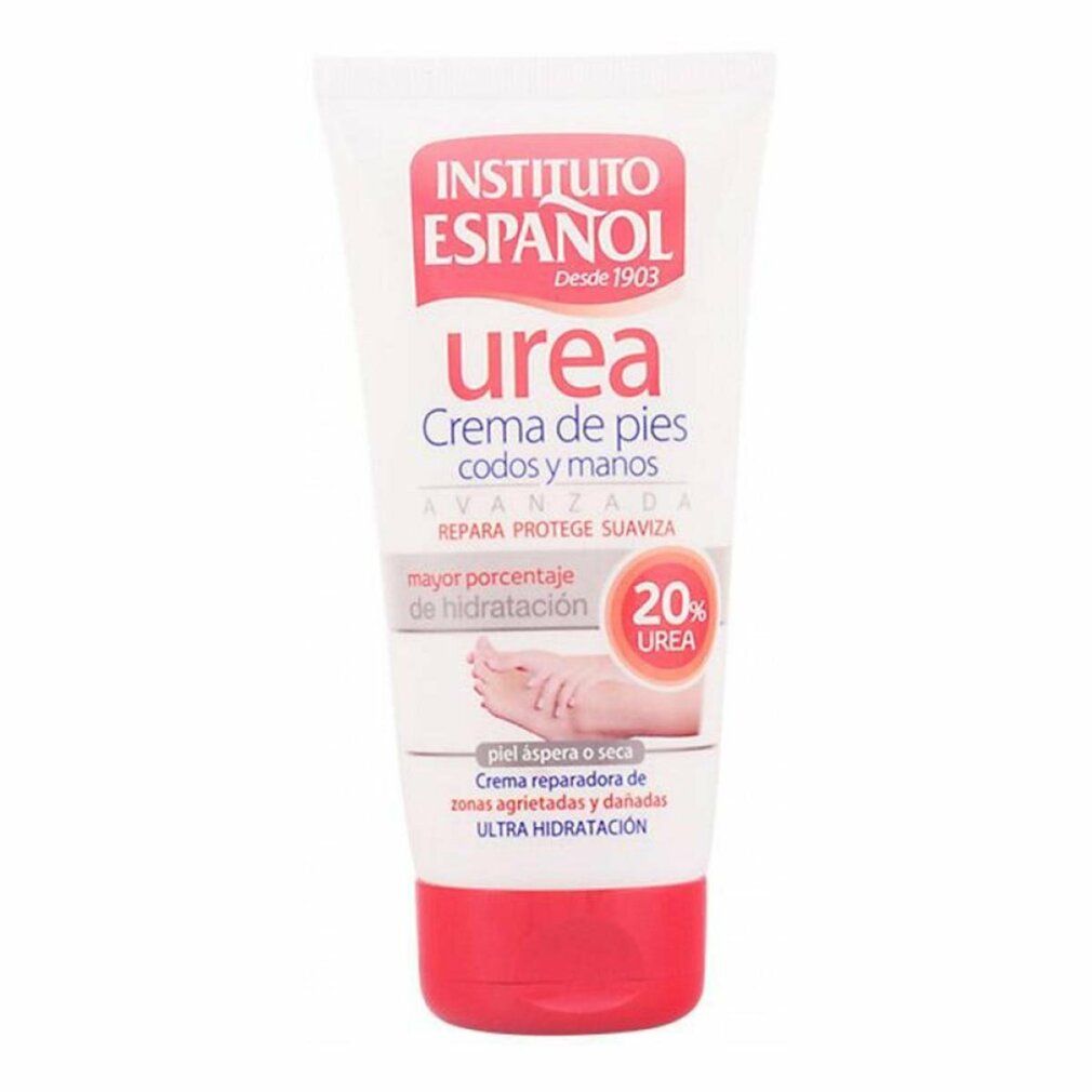 Weiße Tube mit rotem Verschluss. Aufschrift: Instituto Español Urea, Creme für Füße, Ellbogen und Hände. Enthält 20% Urea.