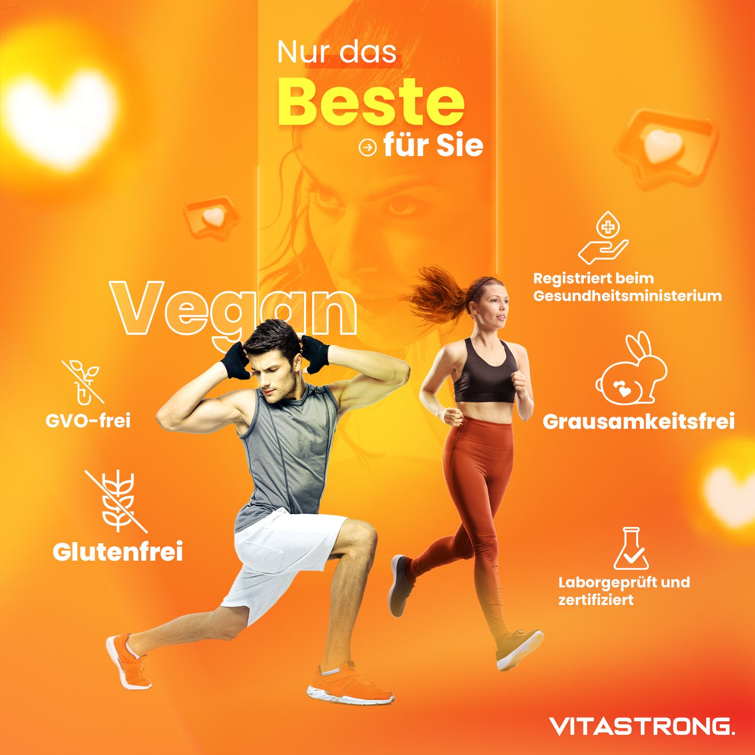 Personen trainieren. Text: Vegan, GVO-frei, glutenfrei, grausamkeitsfrei, laborgeprüft. Vitastrong.