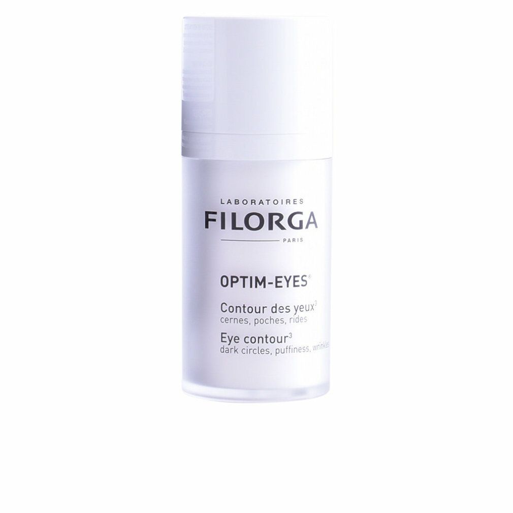 Filorga Optim-Eyes Augenkonturen Pflege. Weiße Flasche mit weißem Deckel. Text: Optim-Eyes, Eye contour, cernes, poches, rides.
