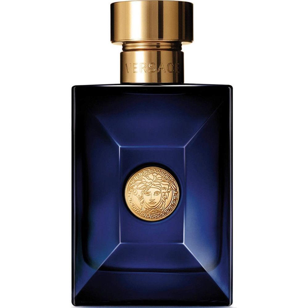 Versace Dylan Blue Eau de Toilette. Blaue Flasche mit goldenem Verschluss und Logo. Quadratische Form.