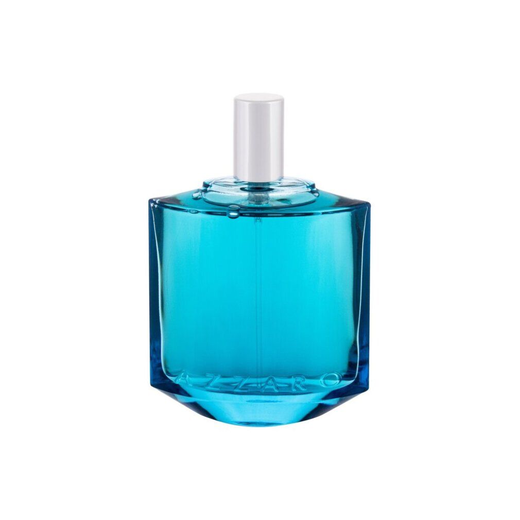 Azzaro Chrome Legend EdT Flakon. Blauer, eckiger Flakon mit weißem Verschluss. Klarer Inhalt. Azzaro Logo sichtbar.