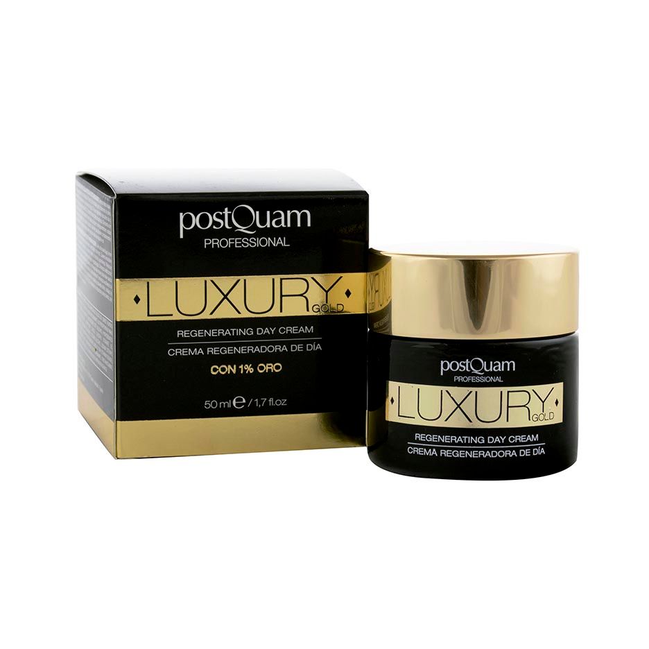 Schwarze Schachtel und Tiegel. Aufschrift: Luxury Gold, Regenerating Day Cream. Marke: Postquam Professional. Mit 1% Gold.
