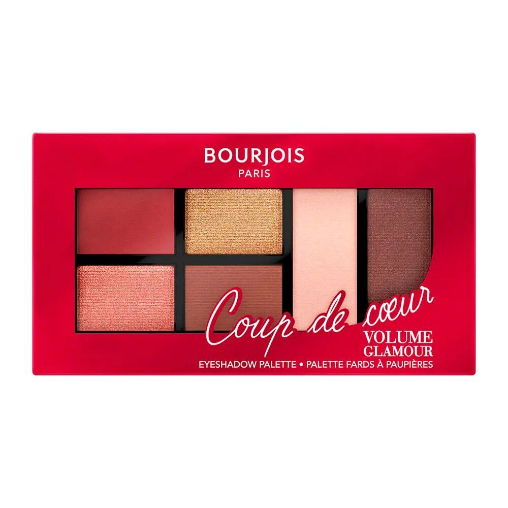 Lidschatten-Palette mit sechs Farben in einer roten Verpackung. Markenname 'Bourjois' und Produktname 'Coup de Coeur' sichtbar.