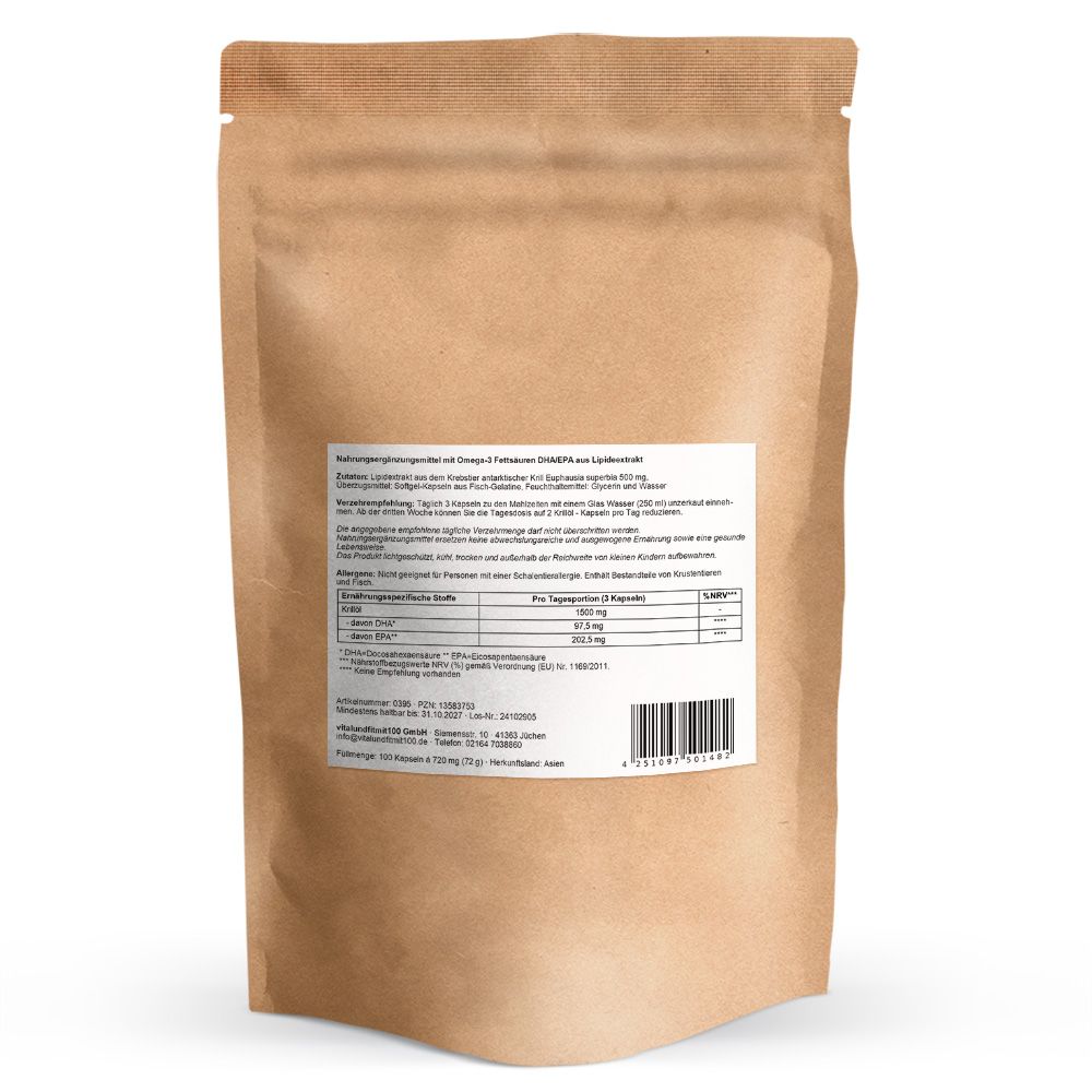 Rückseite einer braunen Tüte. Etikett mit Text, Barcode und Nährwertangaben. Schriftzug: Nahrungsergänzungsmittel mit Omega-3 Fettsäuren.