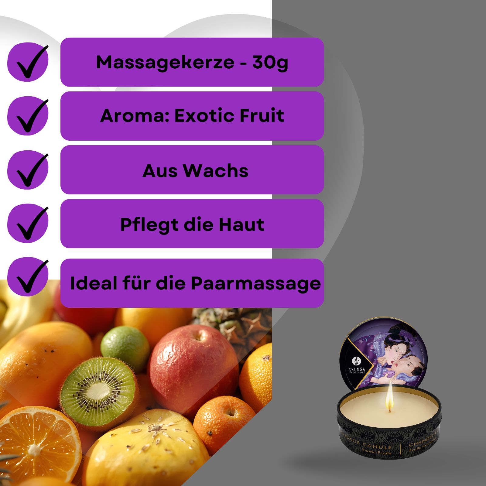 Massagekerze mit Aroma Exotic Fruits. Dose mit Früchten. Text: Massagekerze, Aroma, aus Wachs, pflegt die Haut, ideal für Massage.