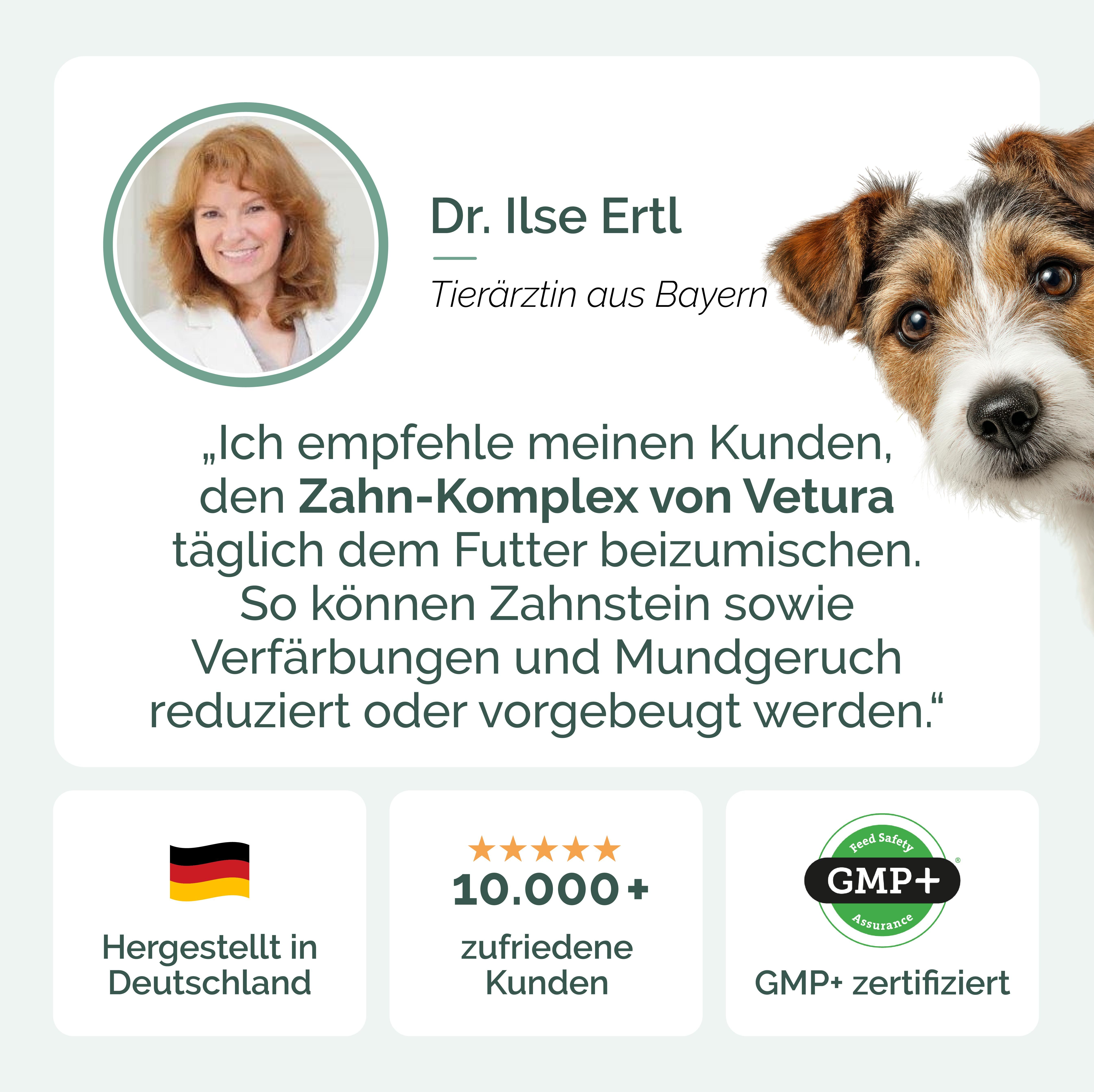 Porträt von Dr. Ilse Ertl, Tierärztin. Zitat: Empfehlung des Zahn-Komplexes von Vetura. Logos: Hergestellt in Deutschland, 10.000+ zufriedene Kunden, GMP+.